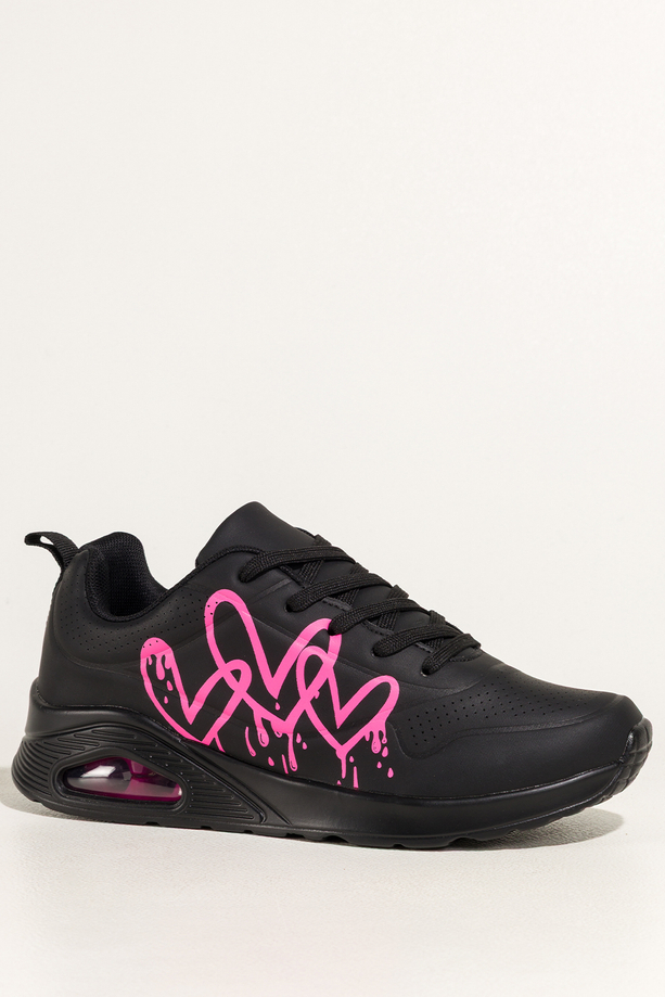 Czarne sneakersy damskie buty sportowe na koturnie różowe serca na cholewce sznurowane Casu 0992-8