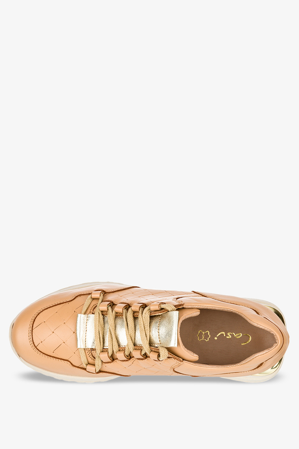 Beżowe sneakersy na koturnie buty sportowe sznurowane POLSKA SKÓRA Casu 7128