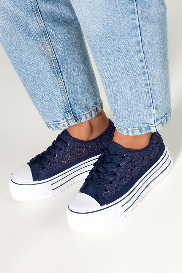 Granatowe trampki damskie ażurowe sneakersy na platformie koronkowe sznurowane Carla BA152-12