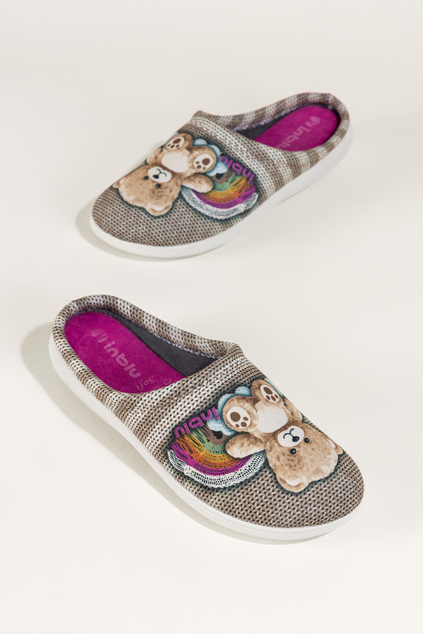 Beżowe kapcie damskie Inblu obuwie domowe z misiem wkładka soft VX589499