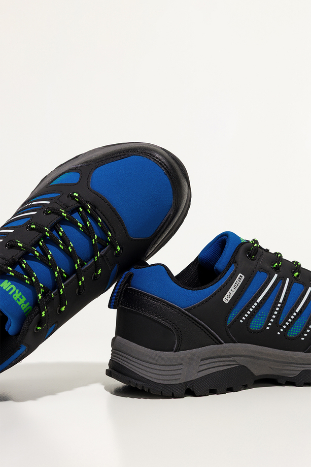 Niebieskie buty trekkingowe damskie buty sportowe softshell na bieżnikowanej podeszwie sznurowane czarne wstawki Carla 1540