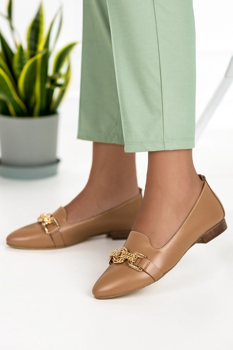 Camelowe lordsy skórzane damskie ze złotą ozdobą PRODUKT POLSKI Casu 3038-NO