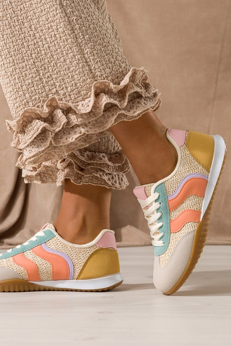 Wielokolorowe sneakersy damskie na elastycznej płaskiej podeszwie wstawki z plecionki sznurowanie Carla BL581P