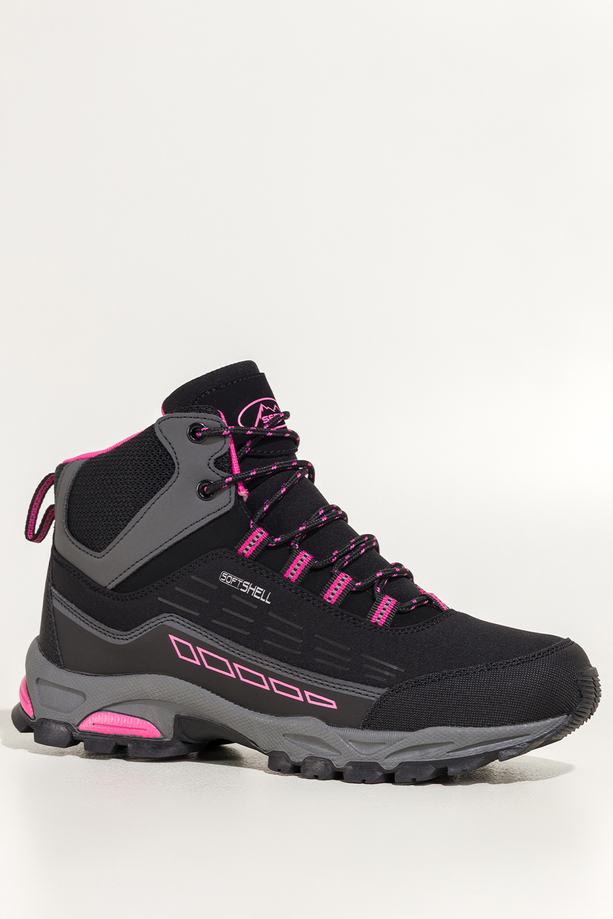 Czarne buty trekkingowe damskie z fuksjowymi dodatkami sznurowane softshell Casu Y7994-2