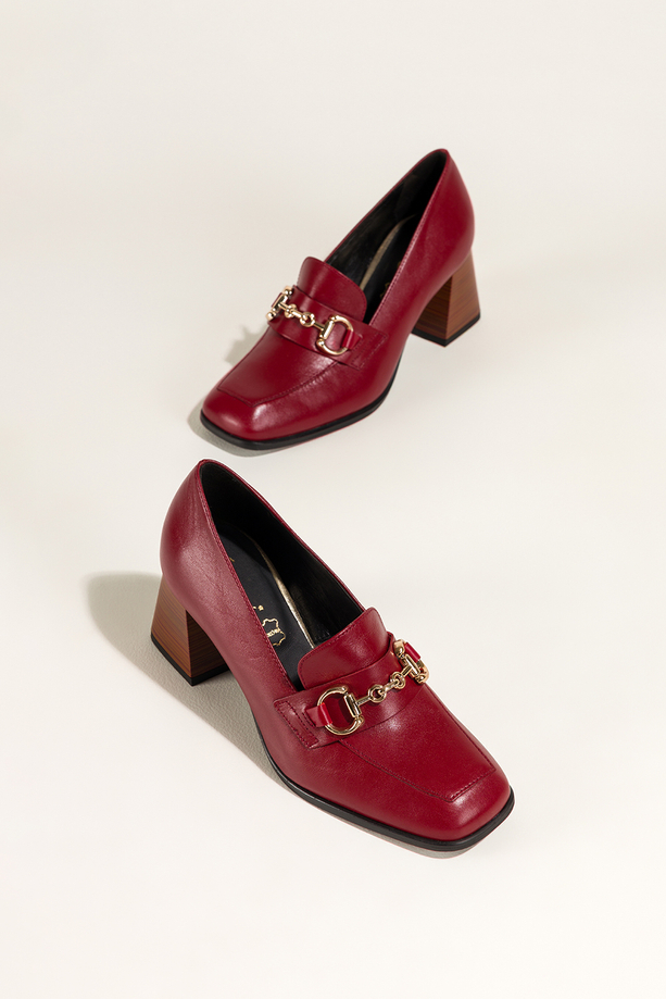 Bordowe mokasyny skórzane damskie na ozdobnym klocku złota sprzączka PRODUKT POLSKI Casu 7317-768