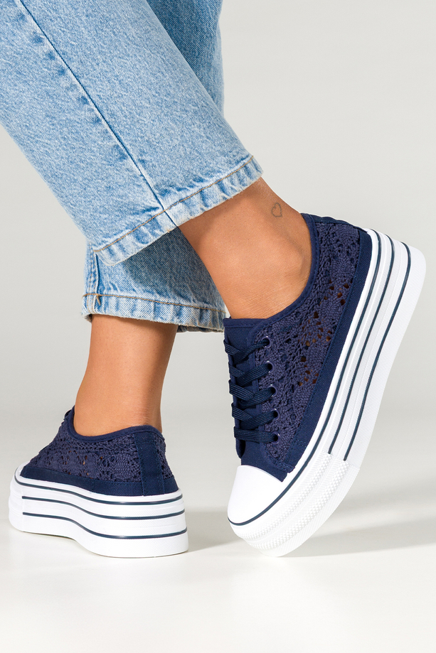 Granatowe trampki damskie ażurowe sneakersy na platformie koronkowe sznurowane Carla BA152-12