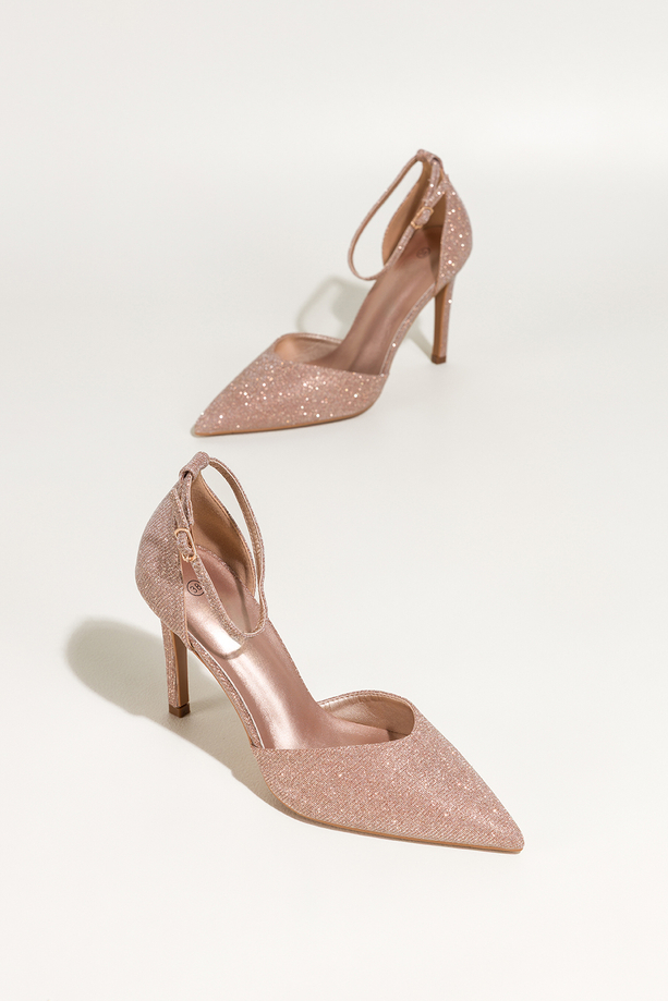 Szampańskie czółenka damskie szpilki brokatowe z zakrytą piętą pasek wokół kostki Carla TT-870K