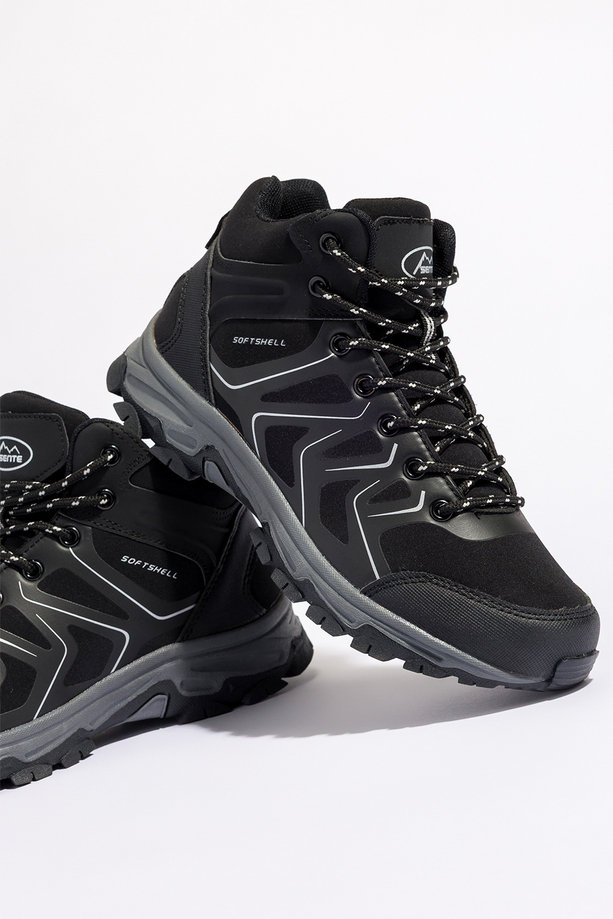 Czarne buty trekkingowe damskie z szarymi dodatkami sznurowane softshell Casu B2115-1