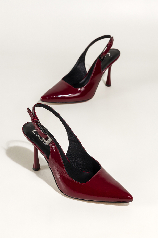 Bordowe czółenka skórzane damskie szpilki lakierowane z odkrytą piętą obcas kieliszek PRODUKT POLSKI Casu 7007-378