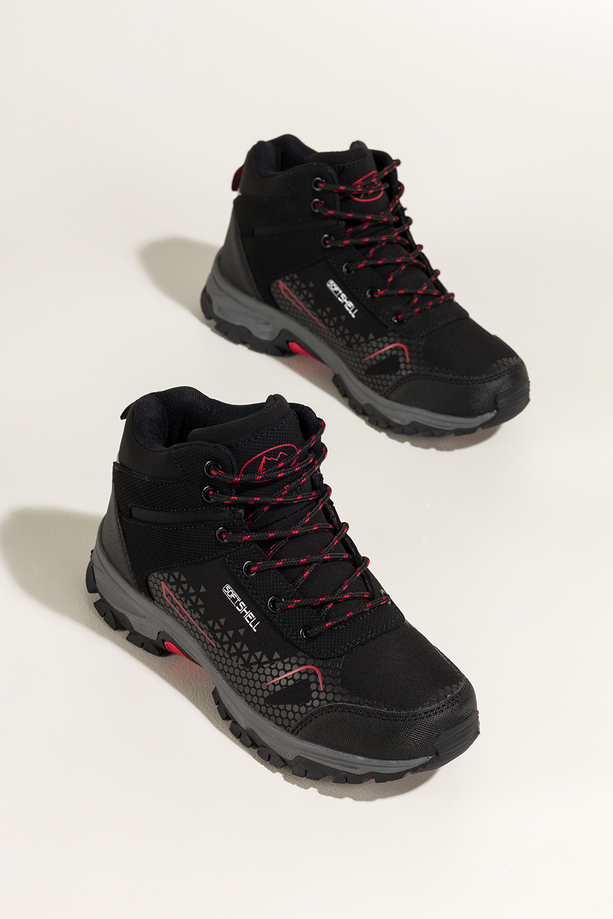 Czarne buty trekkingowe damskie z czerwonymi dodatkami sznurowane softshell Casu Y7997-6