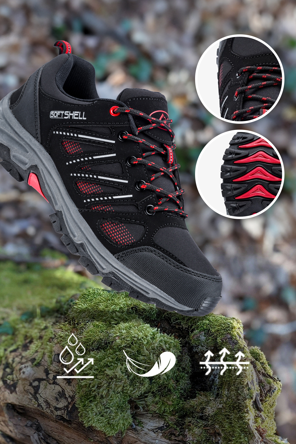 Czarne buty trekkingowe damskie z czerwonymi dodatkami sznurowane softshell Casu B2114-4