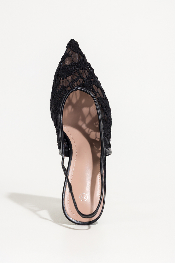 Czarne czółenka damskie szpilki koronkowe odkryta pięta guma w pasku Carla S1-8844V