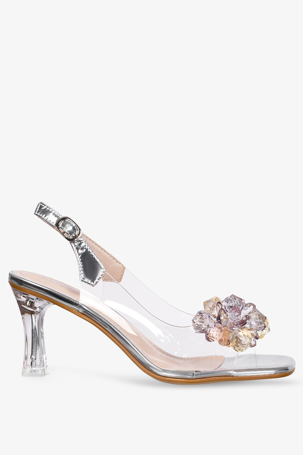 Srebrne sandały Sergio Leone z kryształkami transparentny obcas kieliszek przezroczyste silikonowe SK045