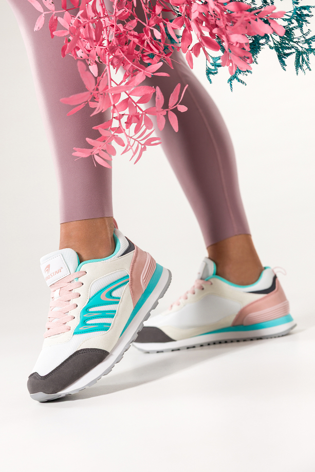 Białe sneakersy damskie buty sportowe na żłobionej podeszwie sznurowane niebieskie wstawki Casu 7398-89D