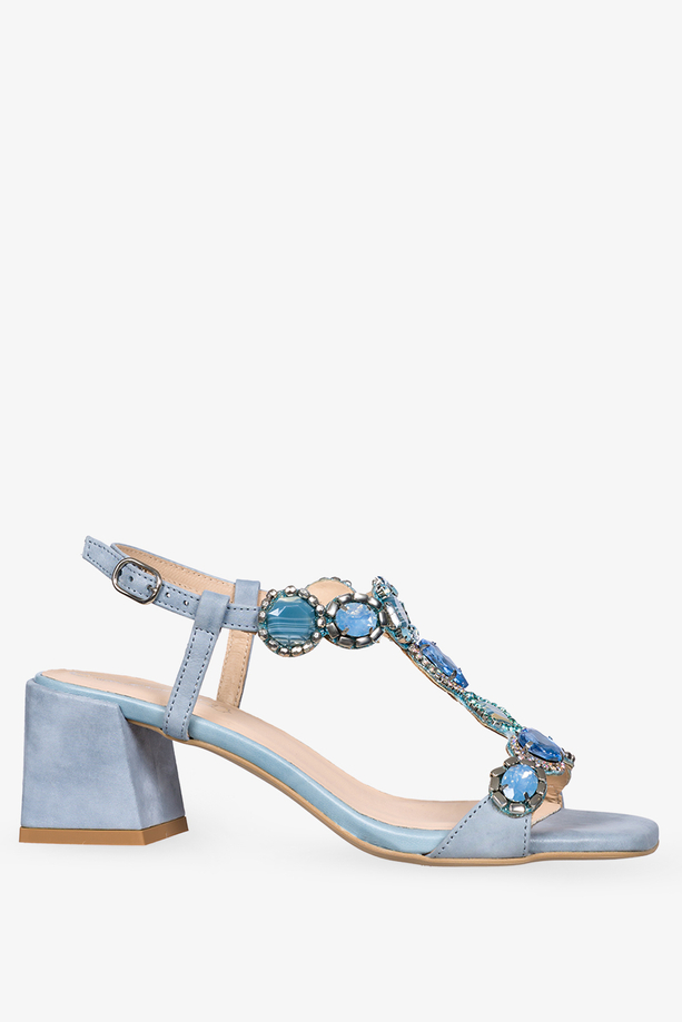 Niebieskie sandały skórzane damskie na klocku z kryształkami PRODUKT POLSKI Casu 2535