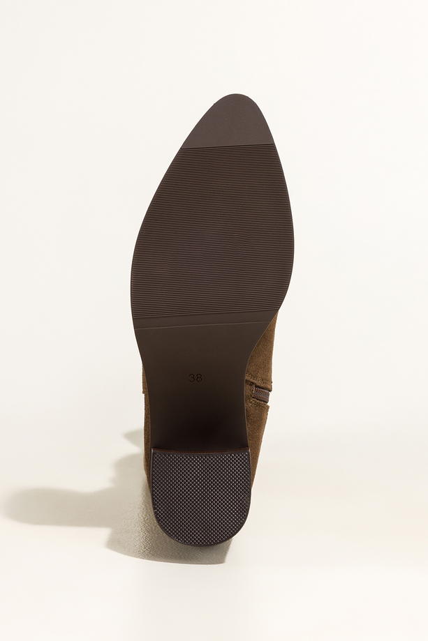 Brązowe kozaki skórzane damskie Sergio Leone przed kolano na ozdobnym słupku pasek z nitami PA74331-H