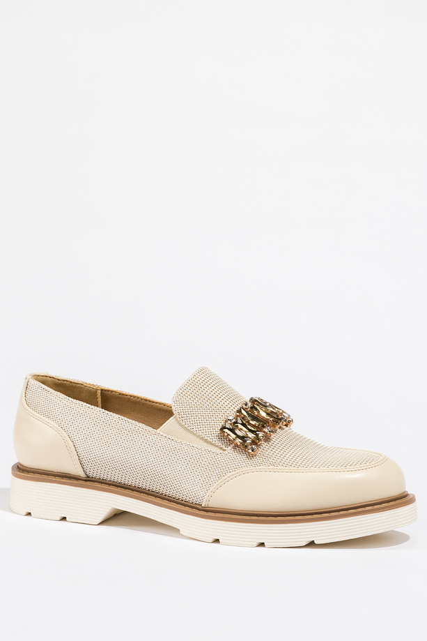 Beżowe mokasyny damskie błyszczące z kryształkami gumki w cholewce skórzana wkładka Casu JW25X5-G