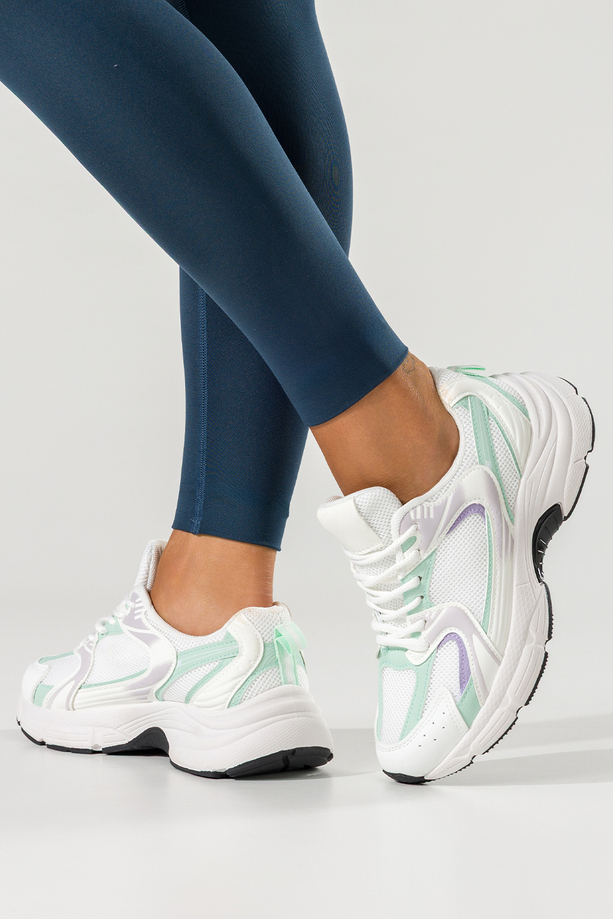 Białe sneakersy damskie buty sportowe na trening zielone i fioletowe wstawki sznurowane Casu ABO-1707