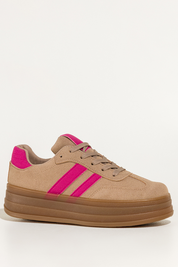 Ciemnobeżowe sneakersy damskie buty sportowe na platformie różowe wstawki sznurowane Casu 22330-7