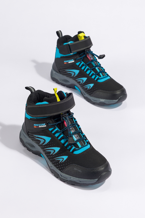 Czarne buty trekkingowe damskie na bieżnikowanej podeszwie z regulowaną elastyczną sznurówką niebieskie wstawki softshell Casu 2310-14W