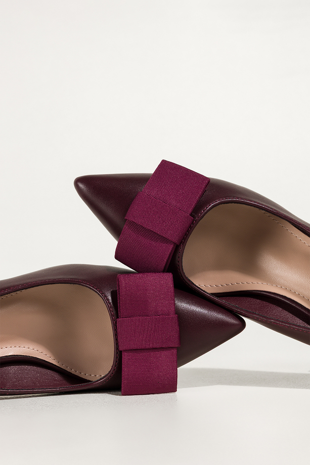 Bordowe czółenka damskie z kokardą szeroki obcas klocek Carla XS078