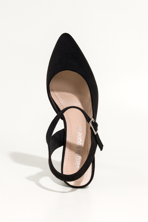 Czarne czółenka Sergio Leone na słupku z odkrytą piętą skórzana wkładka HP553