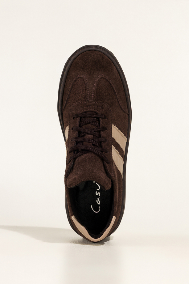 Czekoladowe sneakersy skórzane damskie buty sportowe na platformie beżowe wstawki sznurowane PRODUKT POLSKI Casu 5967