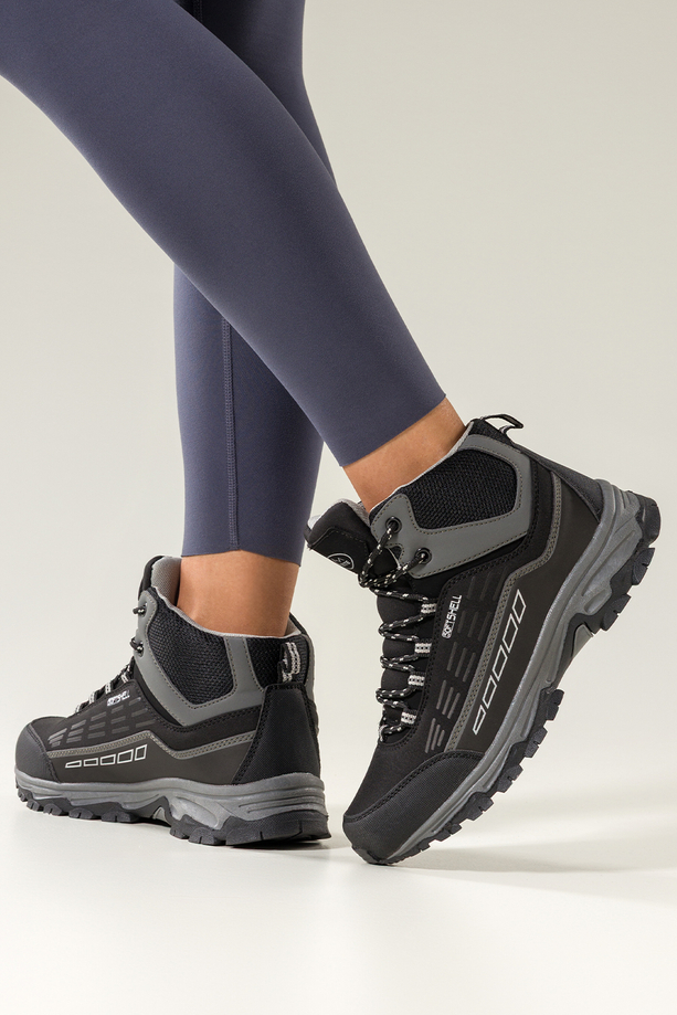 Czarne buty trekkingowe damskie z szarymi dodatkami sznurowane softshell Casu Y7994-8