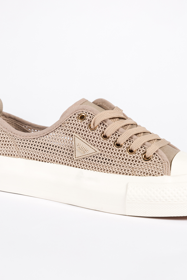 Beżowe trampki damskie ażurowe sneakersy z ozdobą na platformie sznurowane Carla QY851-63