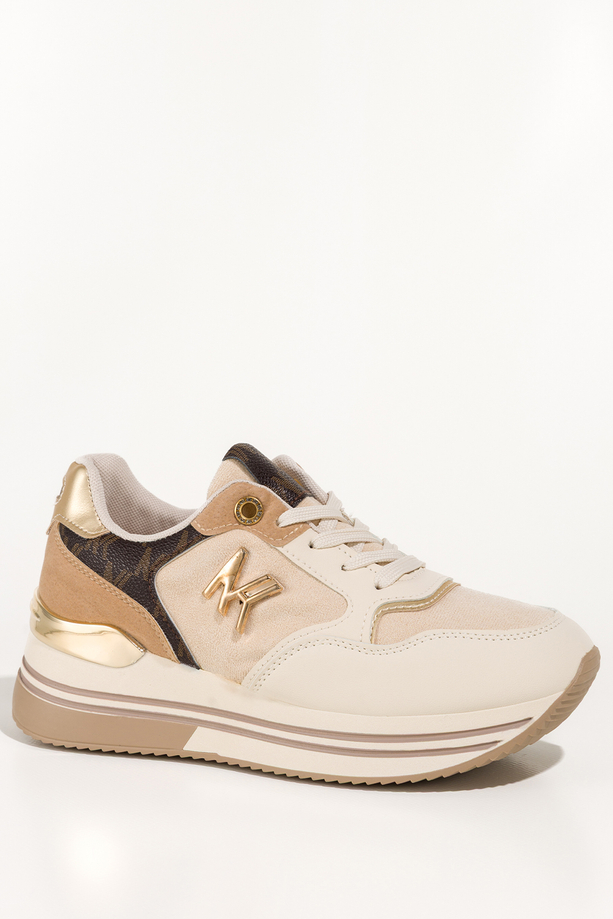 Beżowe sneakersy damskie buty sportowe na żłobionej platformie sznurowane złota ozdoba Casu DD770