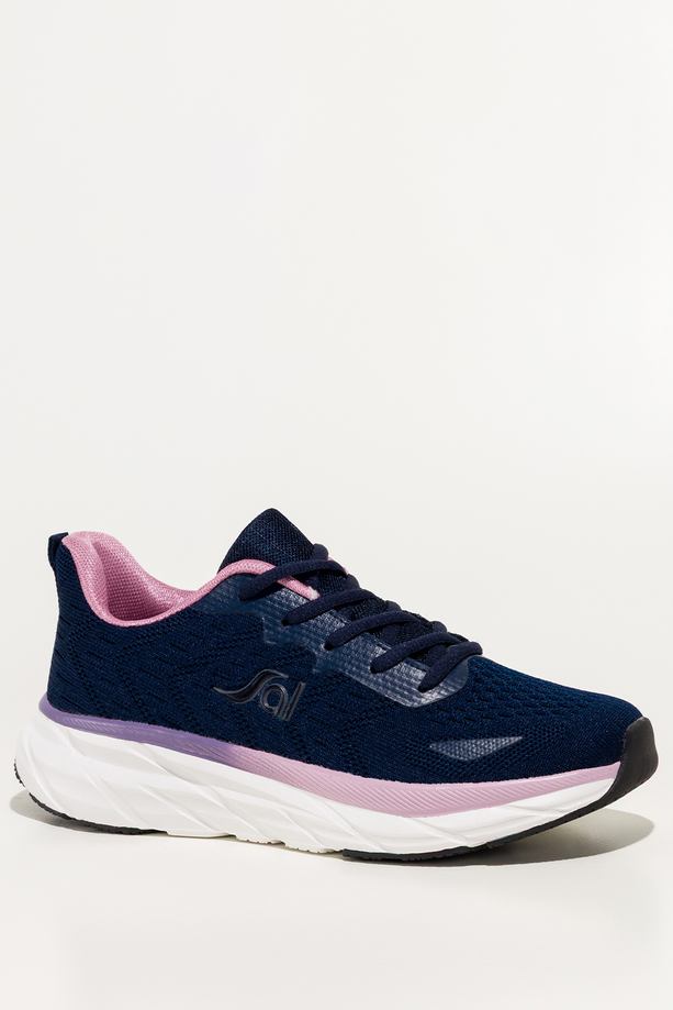 Granatowe sneakersy damskie buty sportowe z perforacją na białej żłobionej platformie fioletowe wstawki sznurowane Carla QP-0618-5