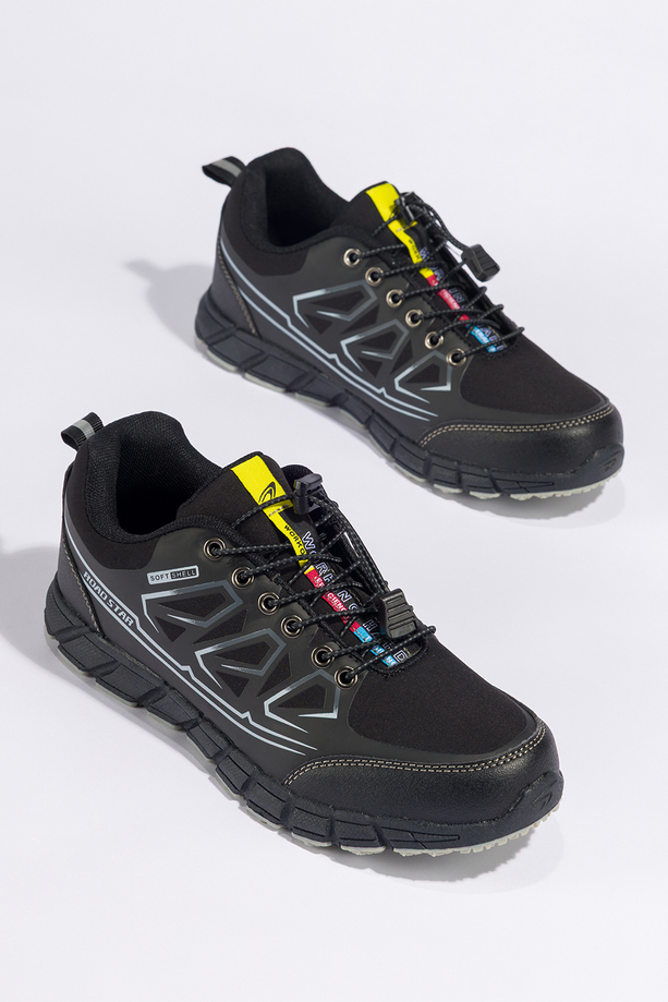 Czarne buty trekkingowe damskie buty sportowe na bieżnikowanej podeszwie z regulowaną elastyczną sznurówką szare wstawki softshell Casu 2309-1W