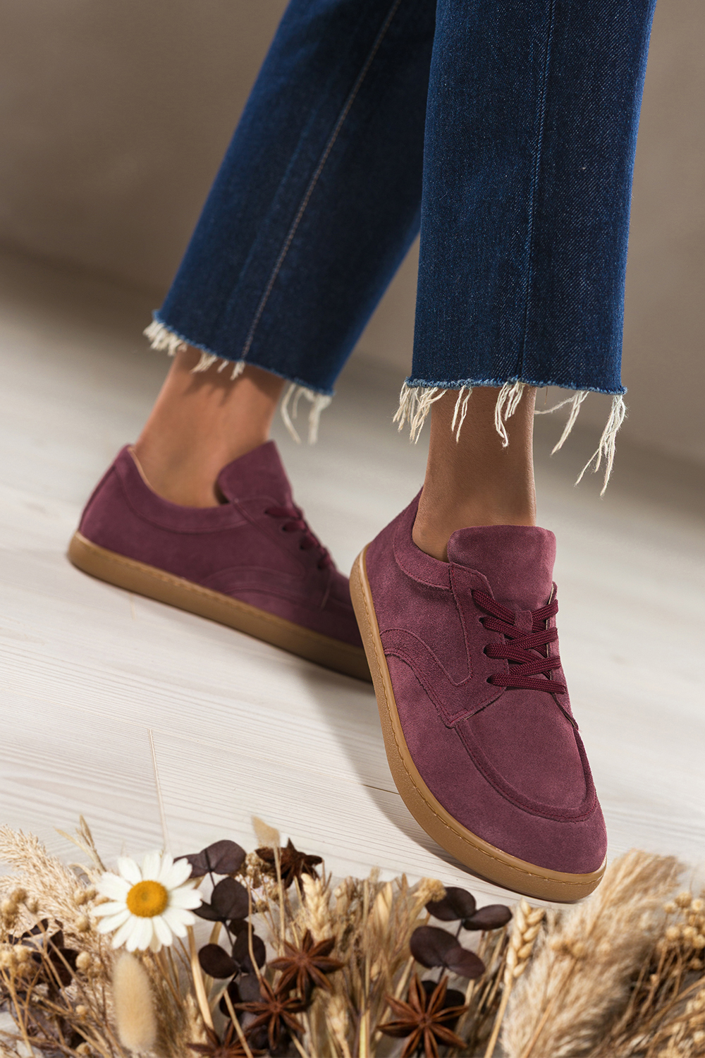 Bordowe pbuty barefoot skrzane zamszowe damskie szerokie na elastycznej paskiej podeszwie chole