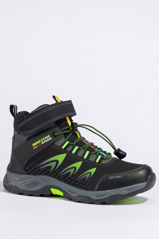 Czarne buty trekkingowe damskie na bieżnikowanej podeszwie z regulowaną elastyczną sznurówką seledynowe wstawki softshell Casu 2310-9W