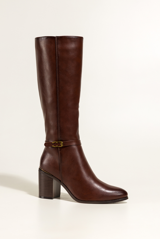 Brązowe kozaki damskie Sergio Leone obcas słupek na cholewce pasek ze złotą ozdobą PA74261