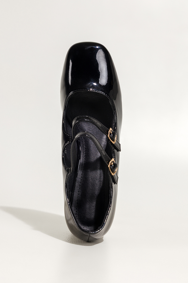 Czarne czółenka damskie lakierowane Mary Jane z paskami obcas klocek Carla ZR83K