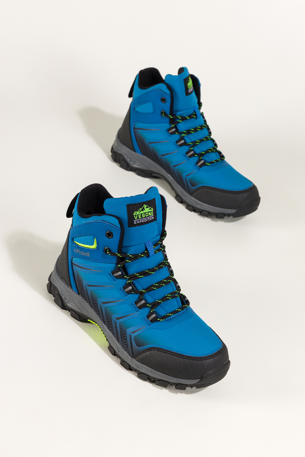 Niebieskie buty trekkingowe damskie softshell na bieżnikowanej podeszwie czarne wstawki sznurowane Carla EY82939-1