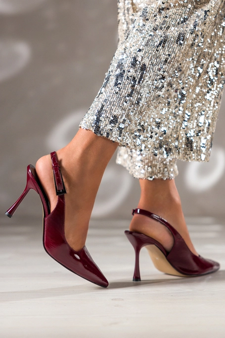 Bordowe czółenka skórzane damskie szpilki lakierowane z odkrytą piętą obcas kieliszek PRODUKT POLSKI Casu 7007-378