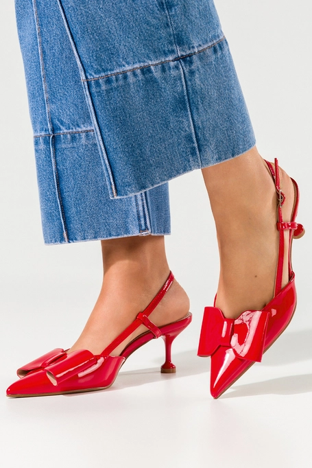 Czerwone czółenka damskie lakierowane z kokardą odkryta pięta obcas kieliszek Carla HD53-7