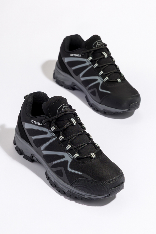 Czarne buty trekkingowe damskie z szarymi dodatkami sznurowane softshell Casu B2111-1