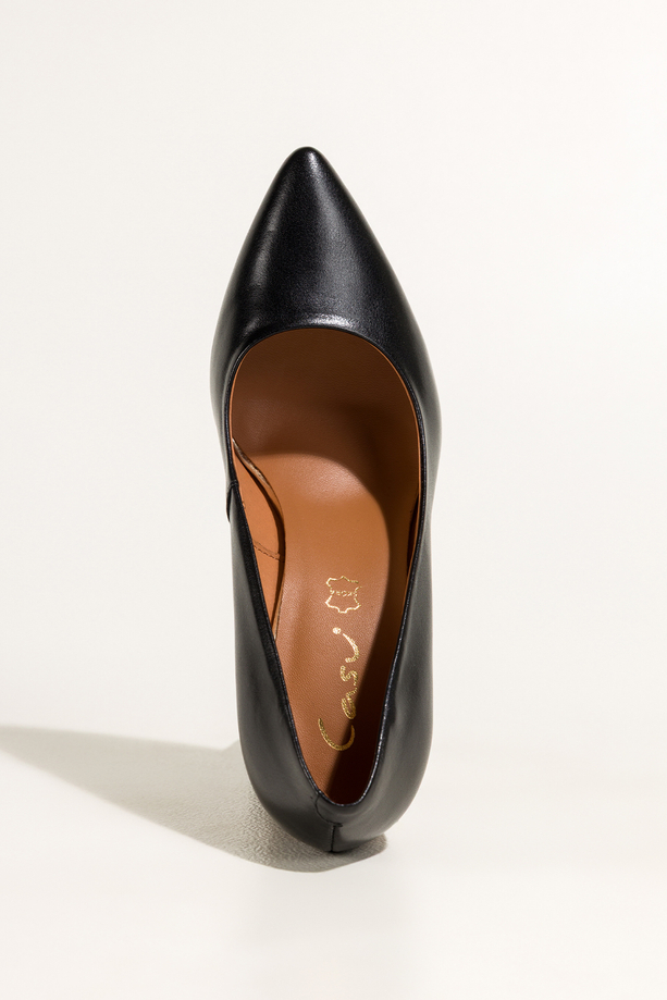 Czarne czółenka skórzane damskie na ozdobnym brązowym klocku PRODUKT POLSKI Casu 7640-899-DWM