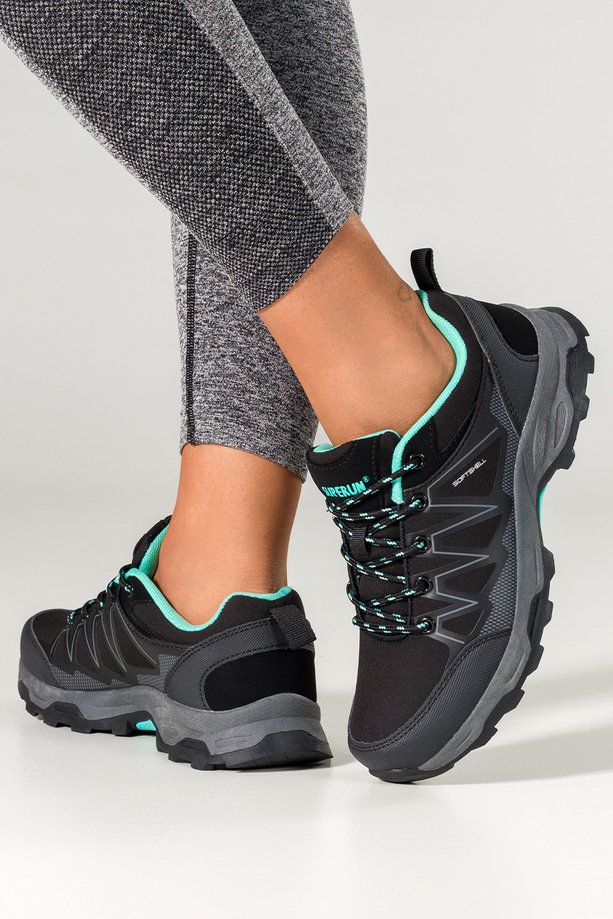 Czarne buty trekkingowe damskie buty sportowe softshell na bieżnikowanej podeszwie sznurowane turkusowe wstawki Carla 8452