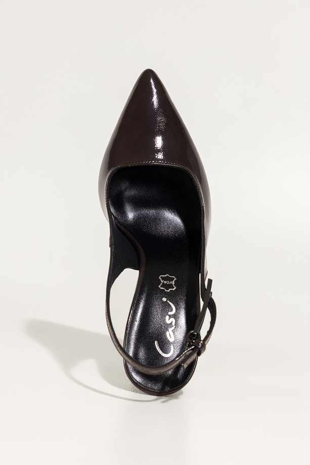 Czekoladowe czółenka skórzane damskie szpilki lakierowane z odkrytą piętą obcas kieliszek PRODUKT POLSKI Casu 7007-329