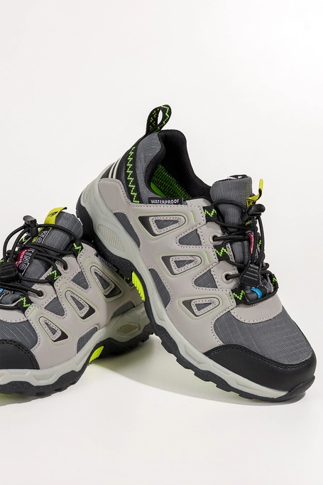 Szare buty sportowe trekkingowe damskie na bieżnikowanej podeszwie z regulowaną elastyczną sznurówką Casu RS-2503-7W