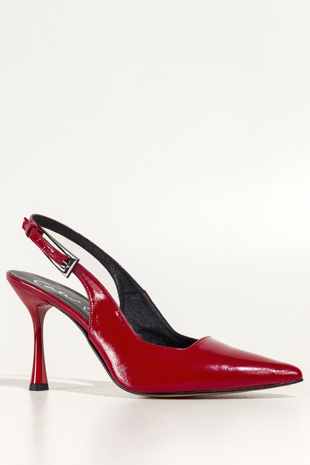 Czerwone czółenka skórzane damskie szpilki lakierowane z odkrytą piętą obcas kieliszek PRODUKT POLSKI Casu 7007-381