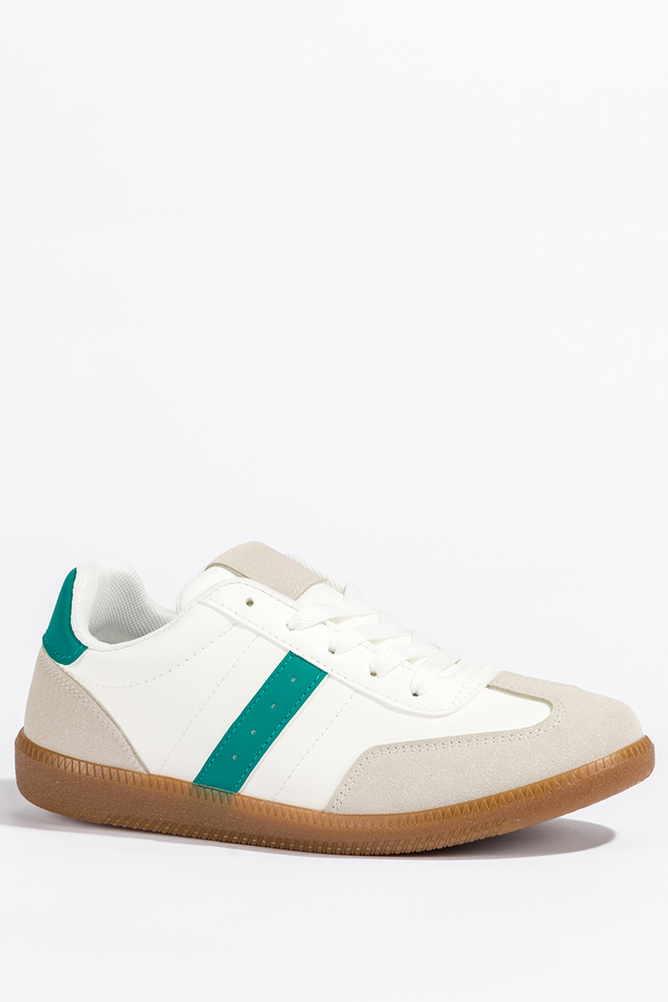 Białe sneakersy damskie buty sportowe na elastycznej płaskiej podeszwie sznurowane zielone wstawki Casu H2460-5