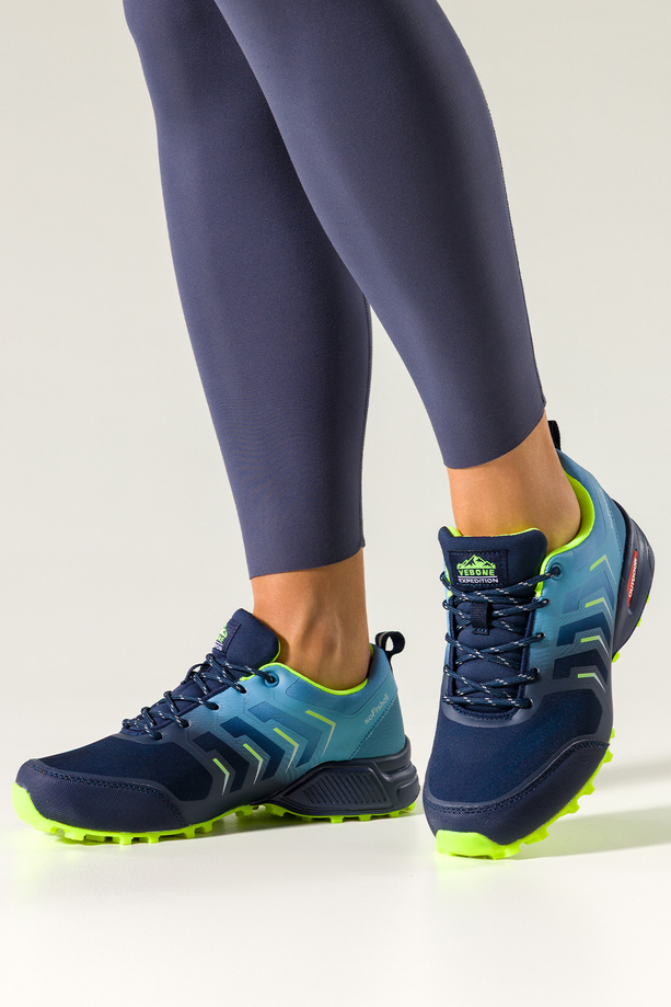 Granatowe buty trekkingowe damskie buty sportowe softshell na bieżnikowanej podeszwie seledynowe i niebieskie wstawki sznurowane Carla EY82976-89