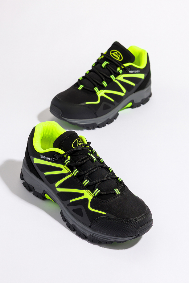 Czarne buty trekkingowe damskie z seledynowymi dodatkami sznurowane softshell Casu B2111-2