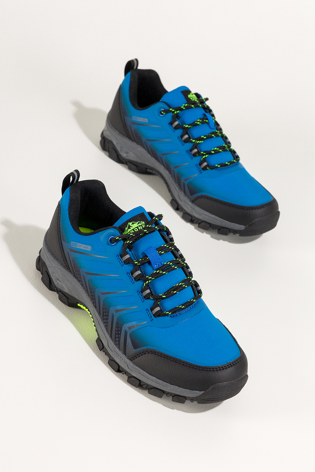 Niebieskie buty trekkingowe damskie buty sportowe softshell na bieżnikowanej podeszwie czarne wstawki sznurowane Carla EY82933-1