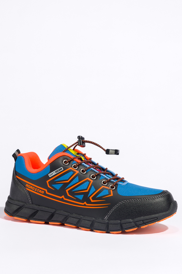 Niebieskie buty trekkingowe damskie buty sportowe na bieżnikowanej podeszwie z regulowaną elastyczną sznurówką pomarańczowe wstawki softshell Casu 2309-6W